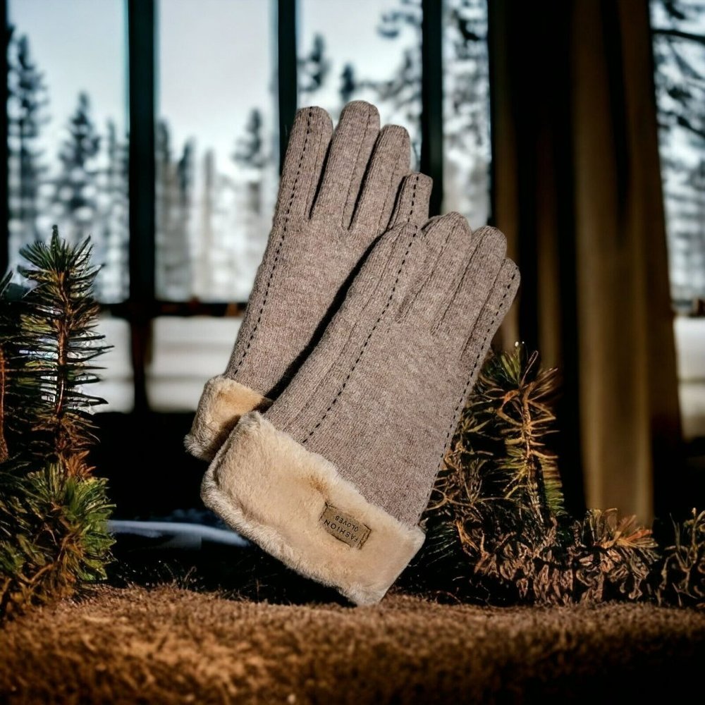 Cashmere Blend Gloves  w/Faux Fur Touch Screen Beige Women Teen One Size Gift
